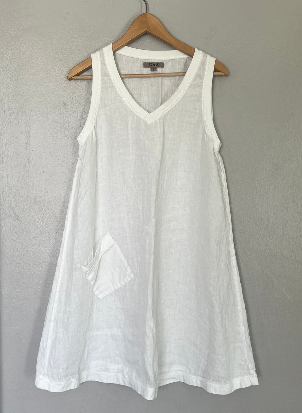 Flax Linen Knee Length Dress Women's Sz S White Coastal Beachy Cottage Lagenlook